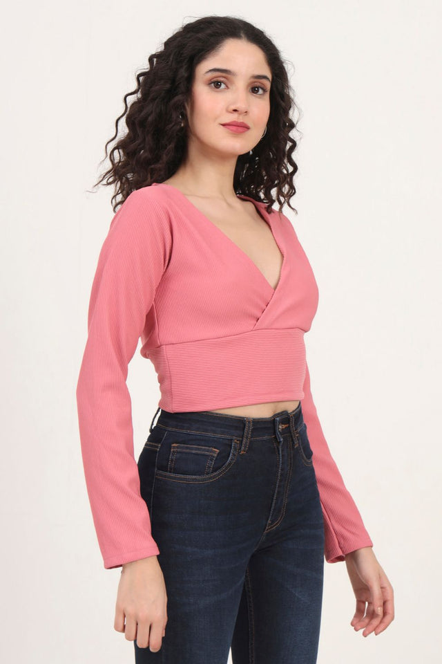 Pink Solid Knited Tops & Tunics