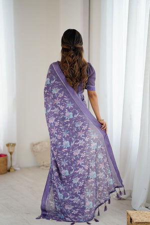 Lavender Floral Printed Satin Saree