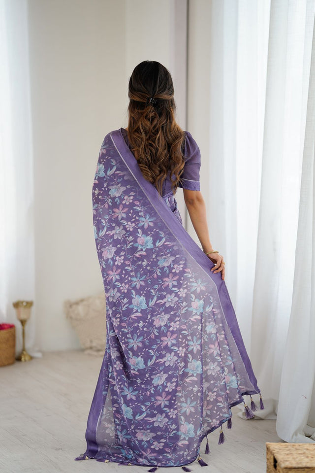 Lavender Floral Printed Satin Saree