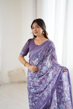 Lavender Floral Printed Satin Saree