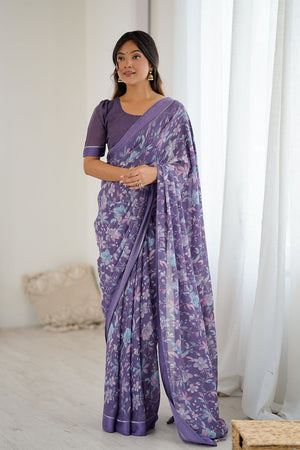 Lavender Floral Printed Satin Saree