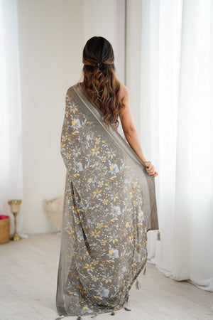 Grey Floral Printed Satin Saree