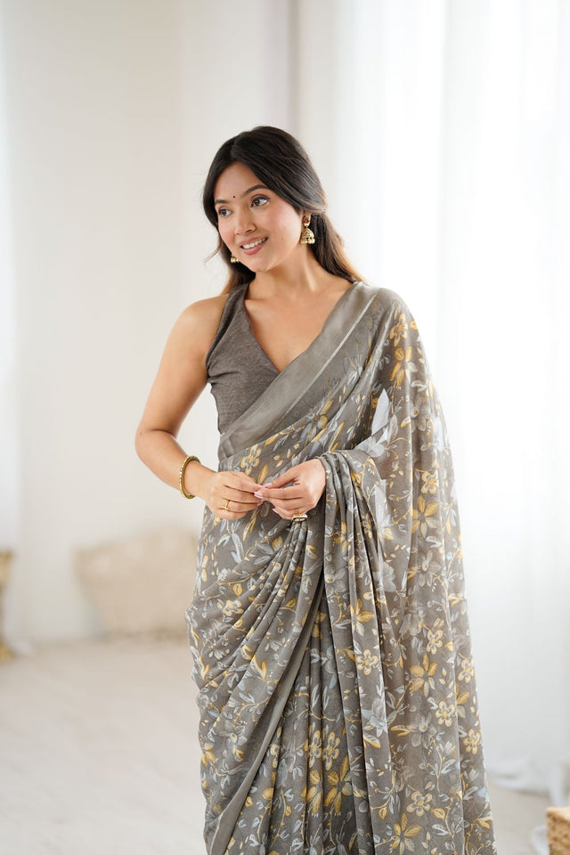 Grey Floral Printed Satin Saree