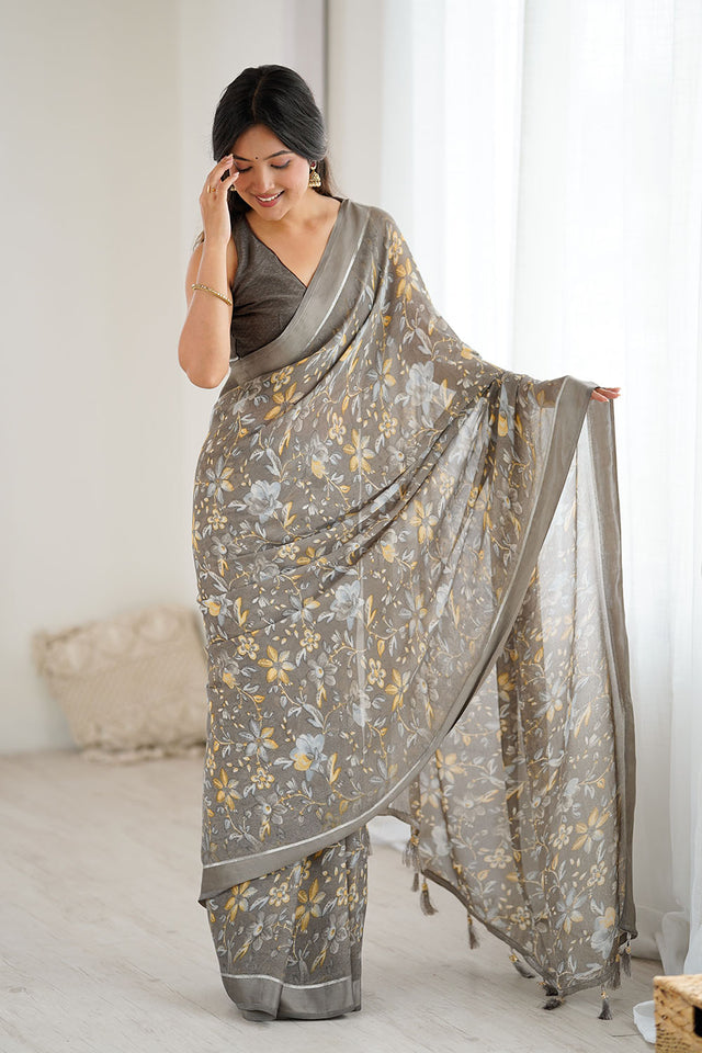 Grey Floral Printed Satin Saree