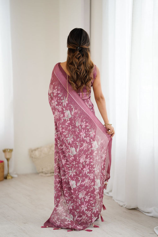 Pink Floral Printed Satin Saree