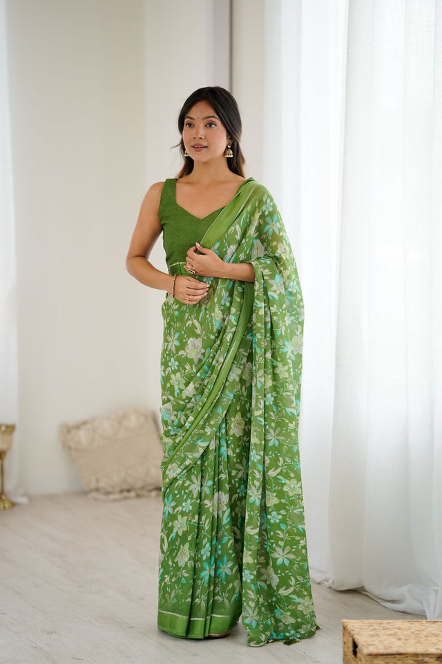 Green Floral Printed Satin Saree