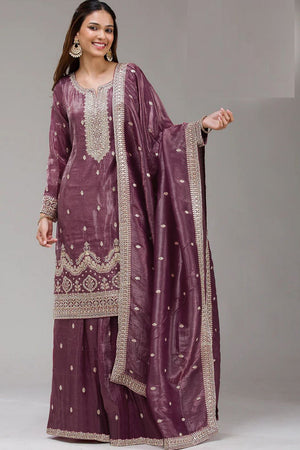 Purple Embroidered Crepe Palazzo Suits