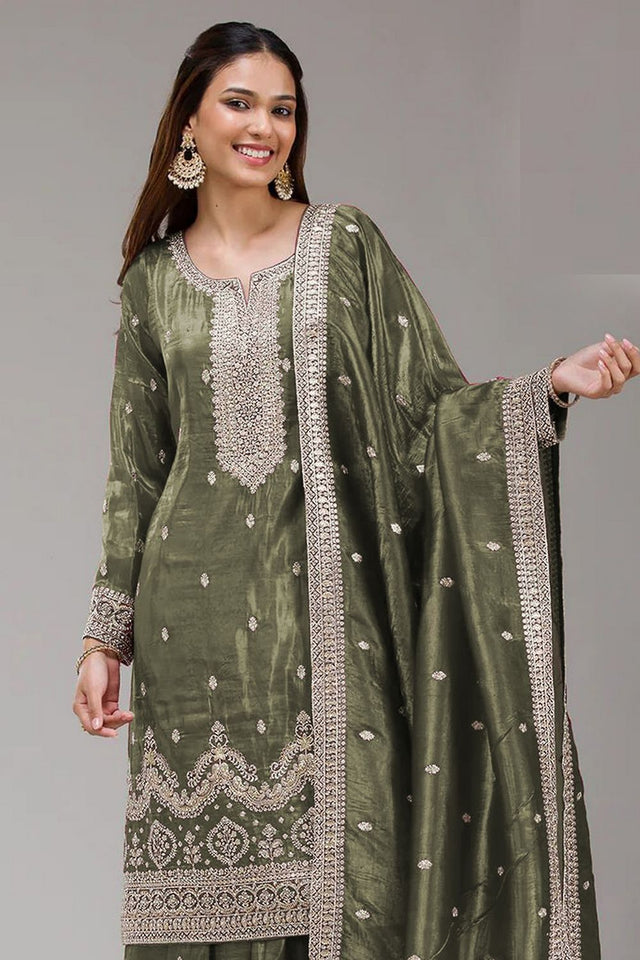 Green Embroidered Crepe Palazzo Suits