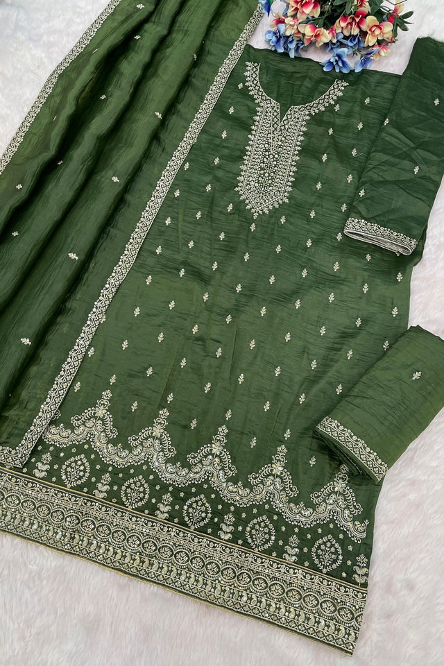 Green Embroidered Crepe Palazzo Suits