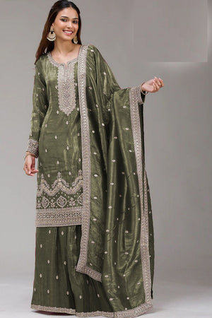 Green Embroidered Crepe Palazzo Suits