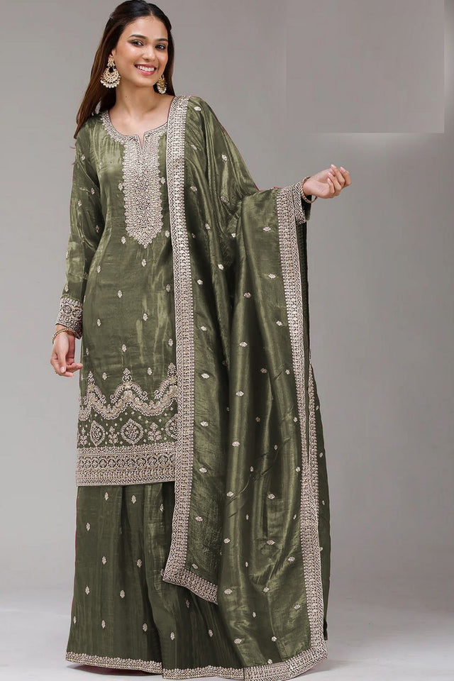 Green Embroidered Crepe Palazzo Suits