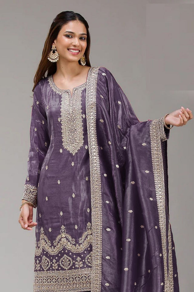Lavender Embroidered Crepe Palazzo Suits