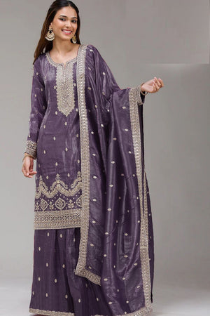 Lavender Embroidered Crepe Palazzo Suits