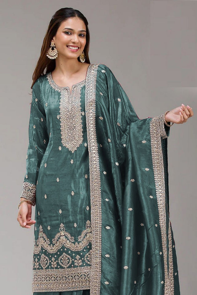 Turquoise Embroidered Crepe Palazzo Suits