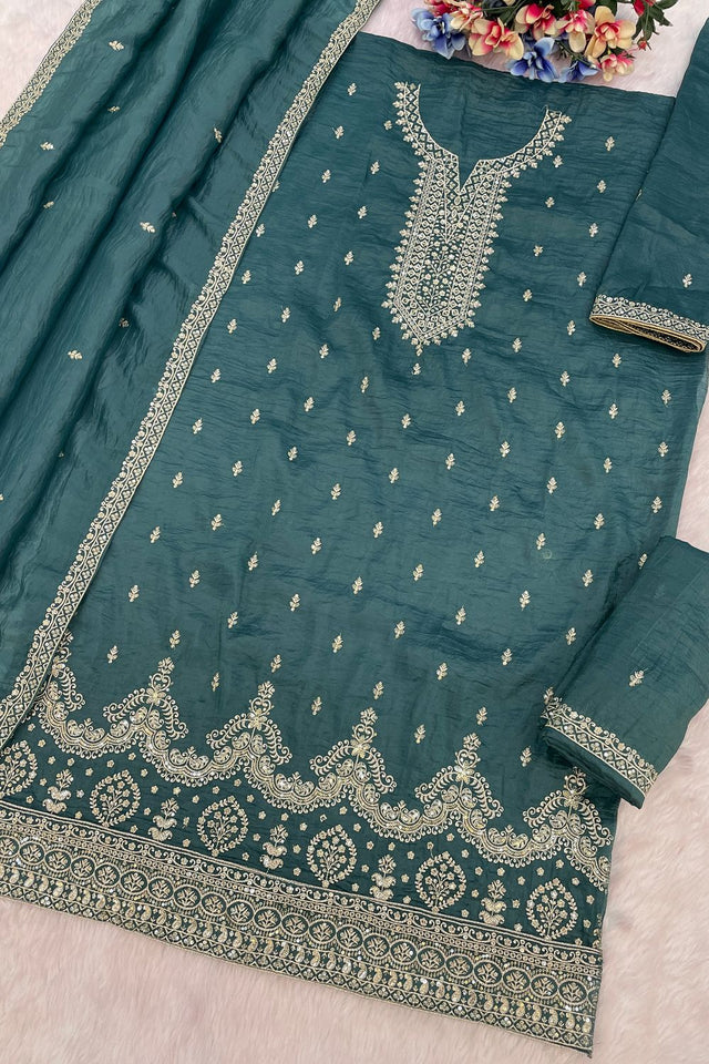 Turquoise Embroidered Crepe Palazzo Suits