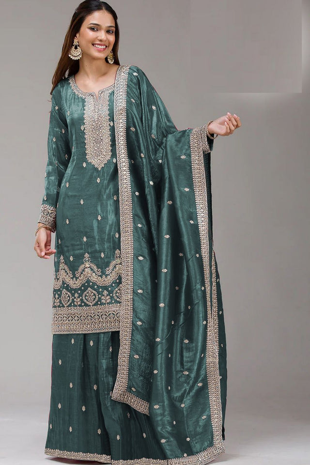 Turquoise Embroidered Crepe Palazzo Suits