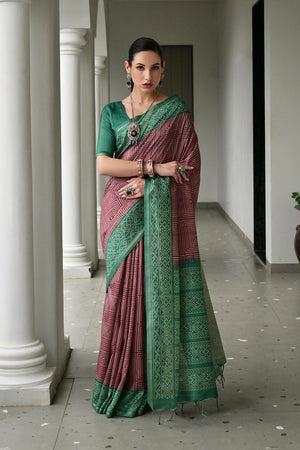 Wine Printed Silk Saree
