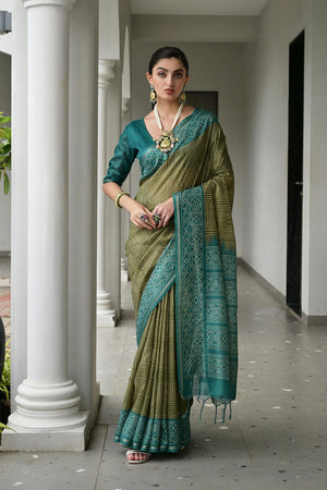 Mehendi Printed Silk Saree