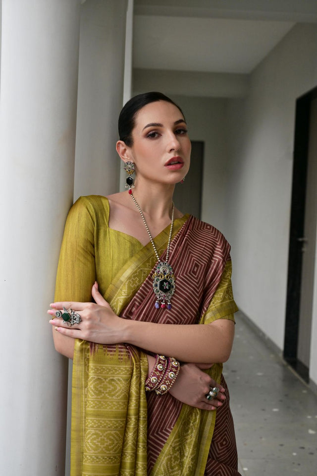 Brown Printed Silk Saree