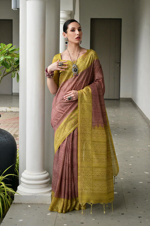 Brown Printed Silk Saree
