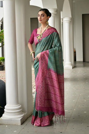 Green Printed Silk Saree