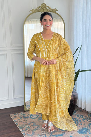 Yellow Bandhani Printed  Anarkali Suits
