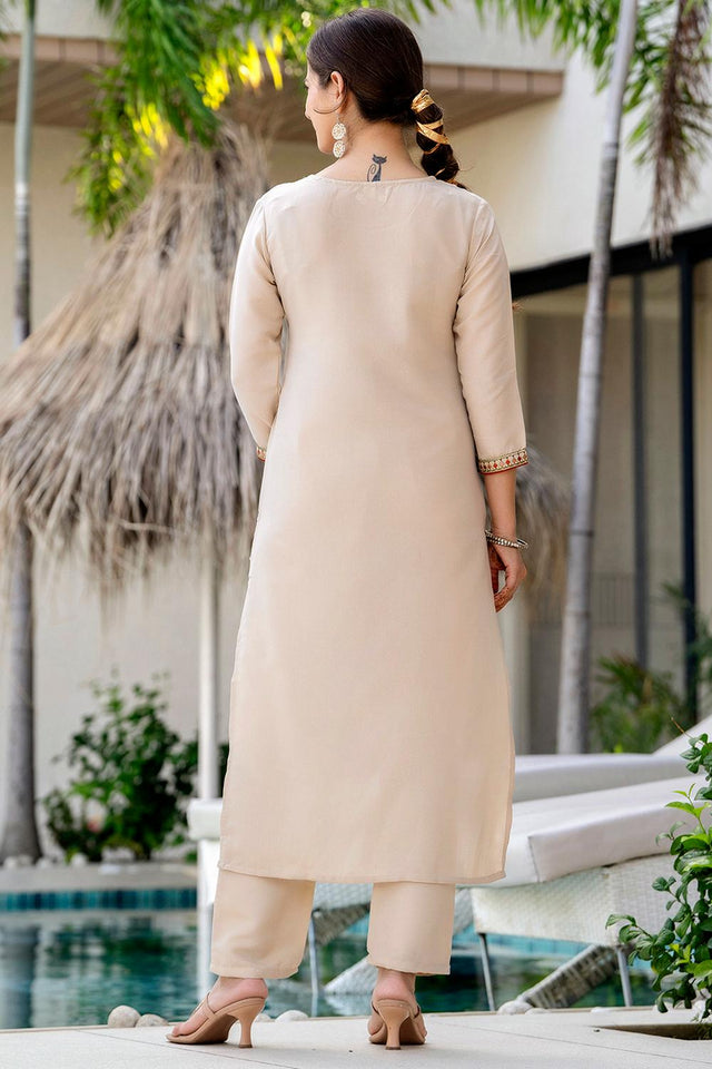 Brown Floral Embroidered Peach Kurti Pant Set