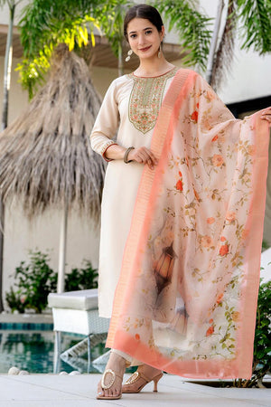 Brown Floral Embroidered Peach Kurti Pant Set