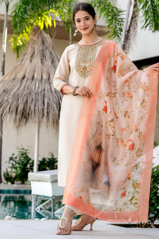 Brown Floral Embroidered Peach Kurti Pant Set