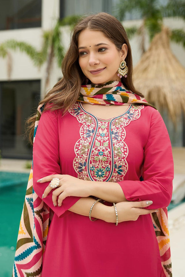 Pink Sequin with Embroidered Multi Color Kurti Pant Set