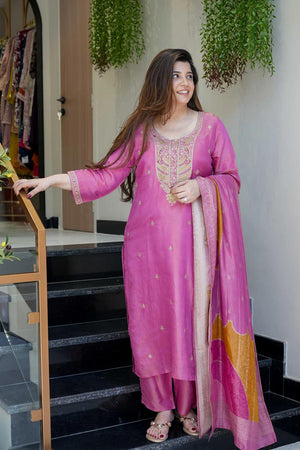 Violet Floral Embroidered  Kurti Pant Set