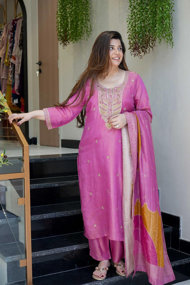 Violet Floral Embroidered  Kurti Pant Set