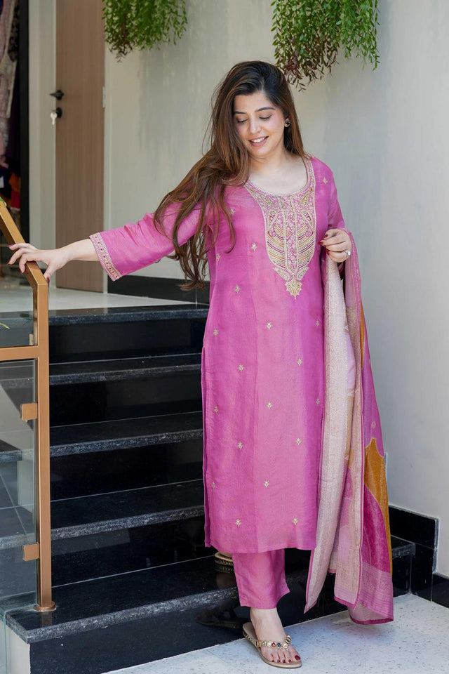 Violet Floral Embroidered  Kurti Pant Set