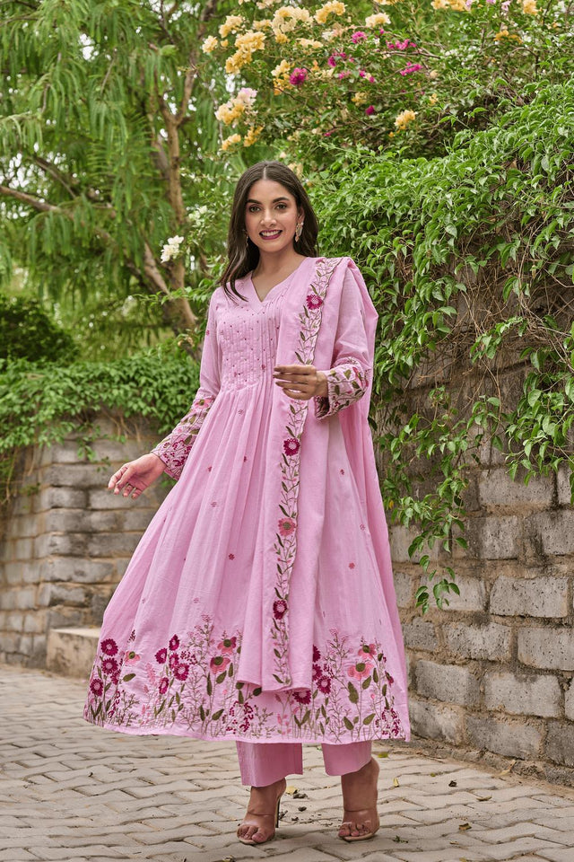 Pink Floral Embroidered  Anarkali Suits