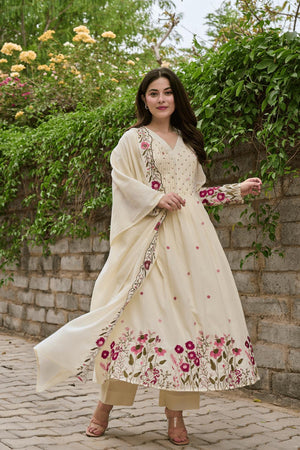 Cream Floral Embroidered  Anarkali Suits