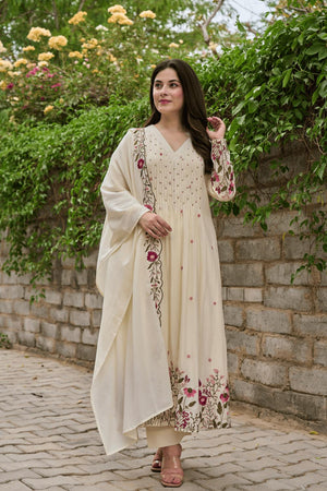 Cream Floral Embroidered  Anarkali Suits