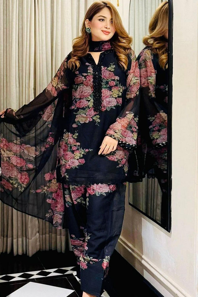 Blue Floral Printed  Kurti Pant Set