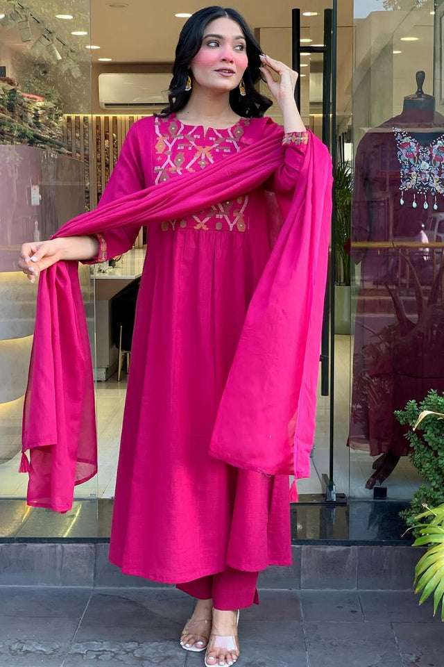 Pink Embroidered  Kurti Pant Set