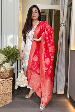 Off White Embroidered Red Straight Cut Suits