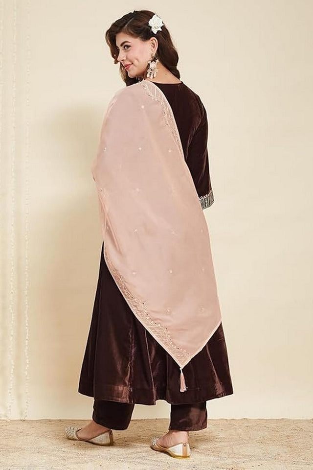 Brown Floral Embroidered Peach Anarkali Suits