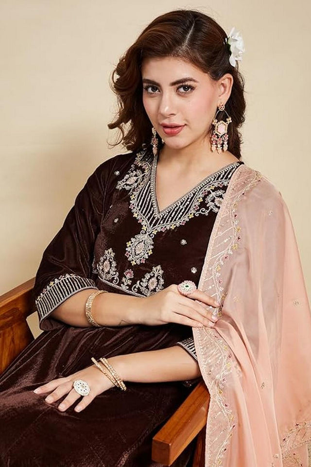 Brown Floral Embroidered Peach Anarkali Suits
