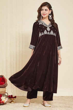 Brown Floral Embroidered Peach Anarkali Suits