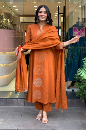 Orange Embroidered  Straight Cut Suits