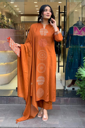 Orange Embroidered  Straight Cut Suits