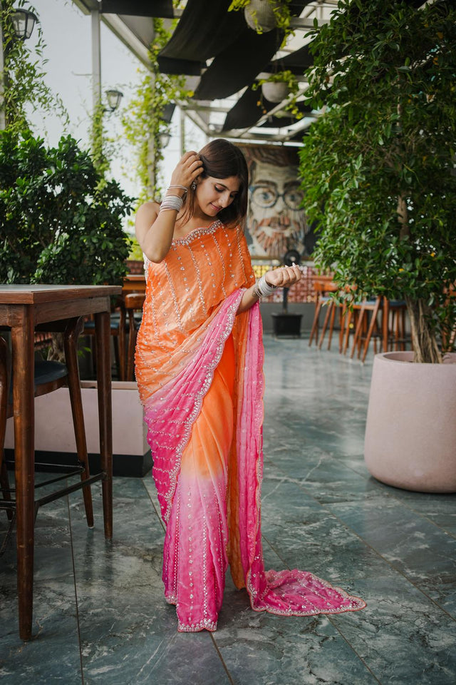 Orange Sequin Satin Saree