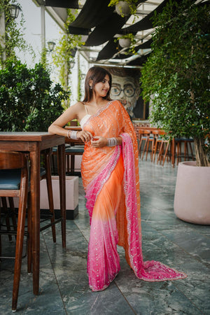 Orange Sequin Satin Saree
