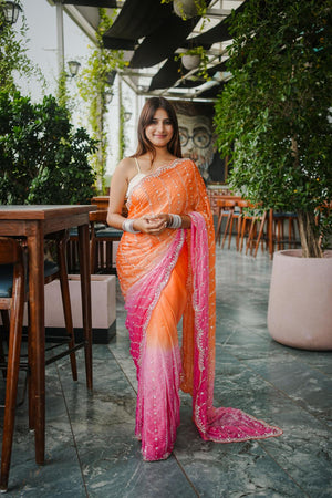 Orange Sequin Satin Saree
