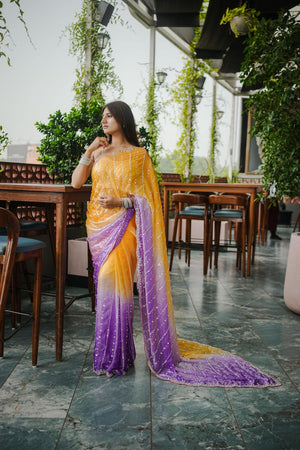 Yellow Sequin Satin Saree