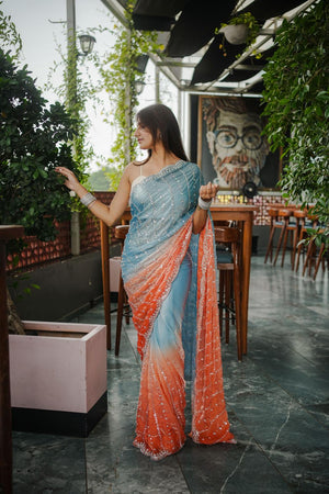 Blue Sequin Satin Saree