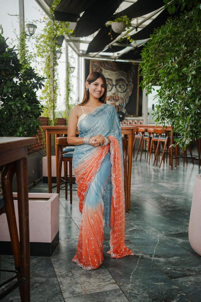 Blue Sequin Satin Saree
